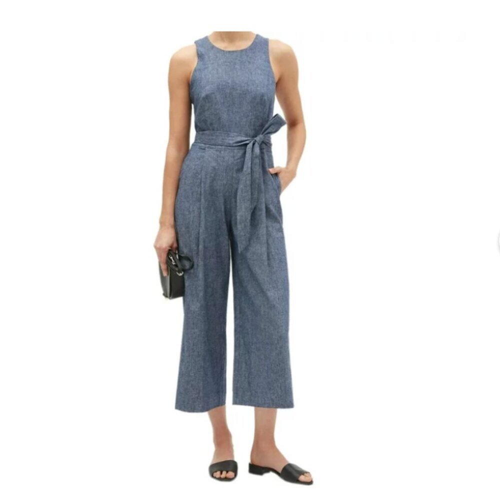 Banana Republic Chambray Blue Linen Blend Tie Waist Jumpsuit